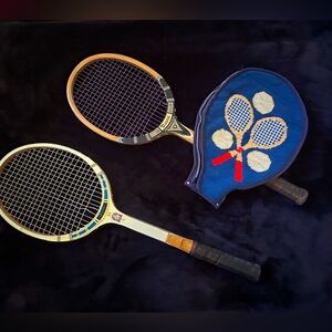 Vintage DAVIS Tennis Rackets (2) with hand needlepointed cover